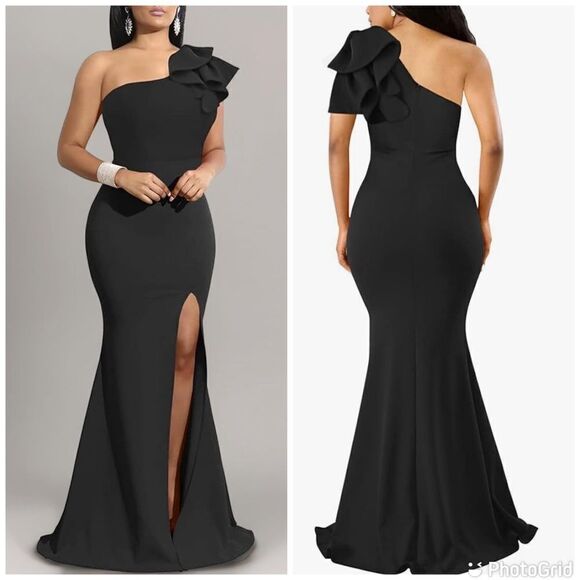 Sexy Sleeveless One Shoulder Ruffle High Split Party Evening Long Formal Dress - Picture 1 of 12